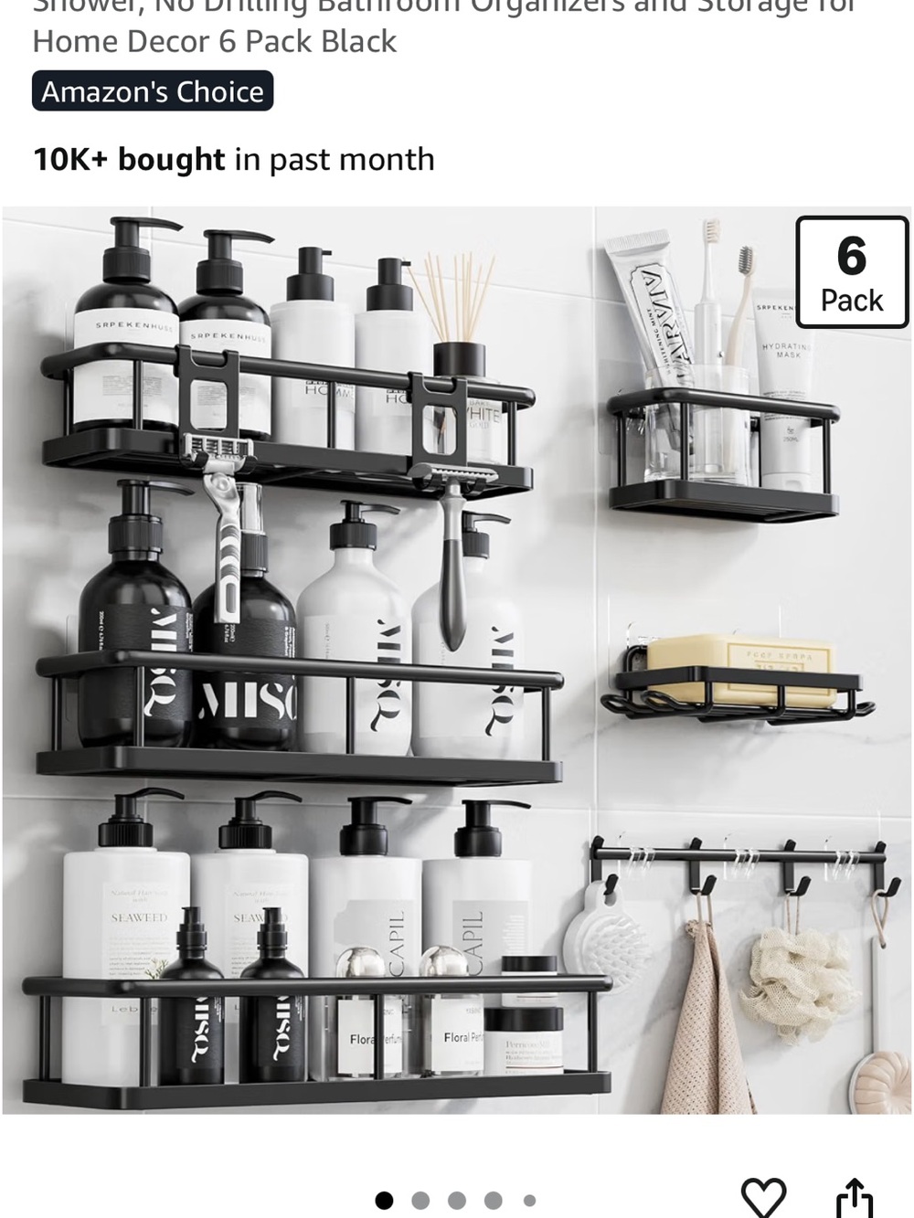 Black Wall-Mounted Bathroom Organizer Shelf Set - 6 Pack